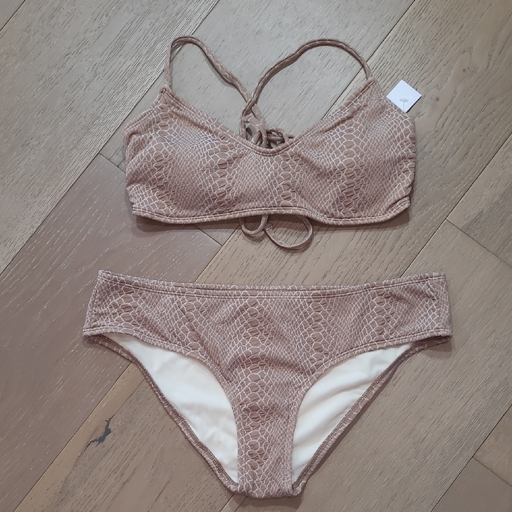 NWT Hula Honey Bikini Women's sz L Tan 2 Piece Snakeskin Design Bathing Suit